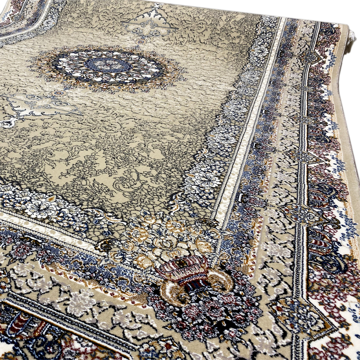 Nahaufnahme Medaillon-Teppich 160x230: beiges Ornamentmuster mit blauem Rand