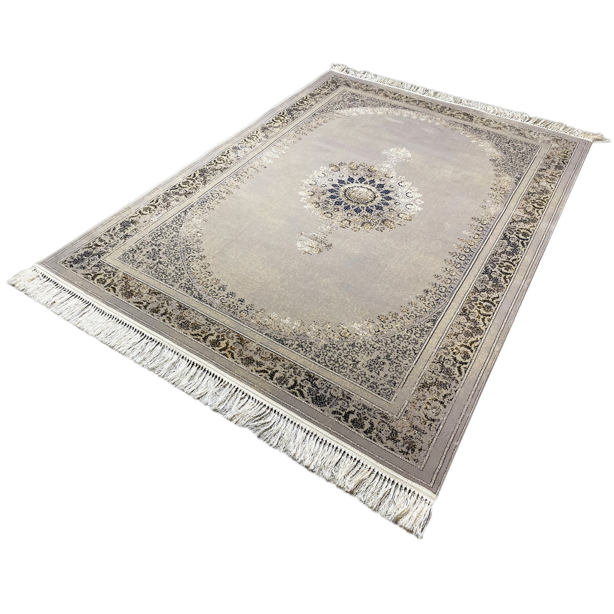 Gewebter Teppich 160x230 cm in hellgrau mit blau-goldenes Medaillon und Fransen