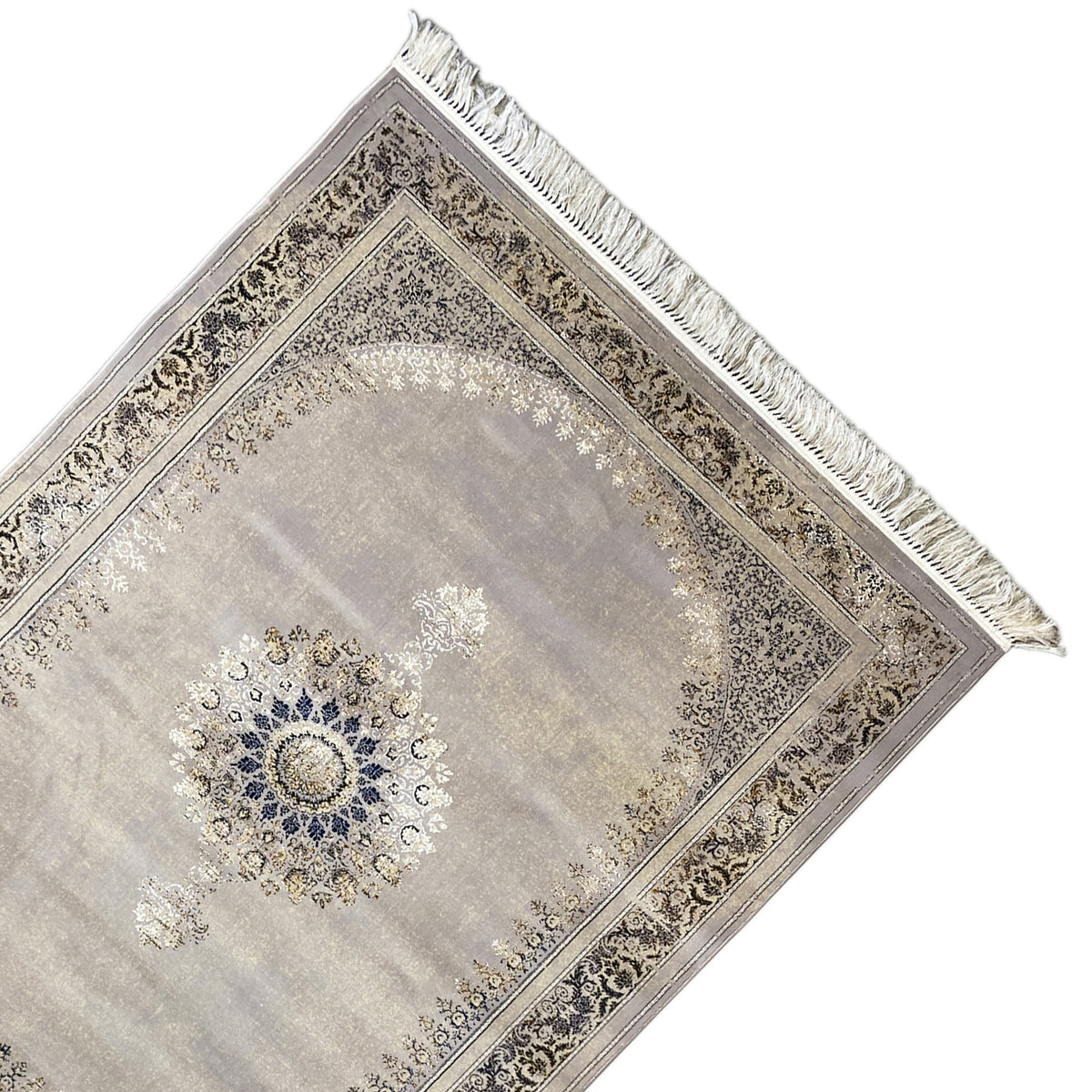 Gewebter Teppich 160x230 cm diagonal: hellgraue Fläche mit Barockbordüre und Fransen