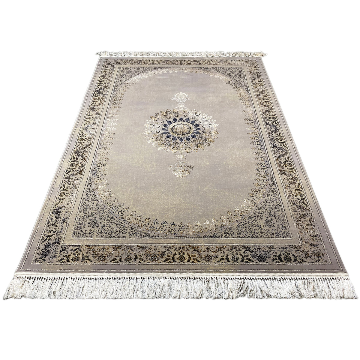 Wiesner Teppich 160x230 cm Gesamtansicht mit Medaillon in Blau, Paisley-Rahmen, Fransen