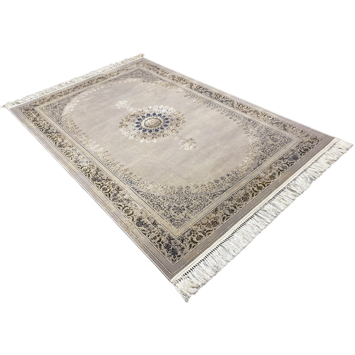 Wiesner Teppich 160x230 cm diagonale Ansicht: Ornamentrahmen, blaues Zentrum, Fransen an den Ecken