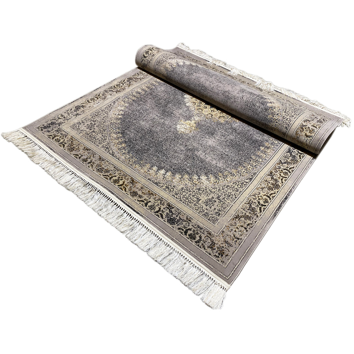 Teppich ausgebreitet mit Fransen und Medaillon-Motiv, grau meliert, goldene Ornamente