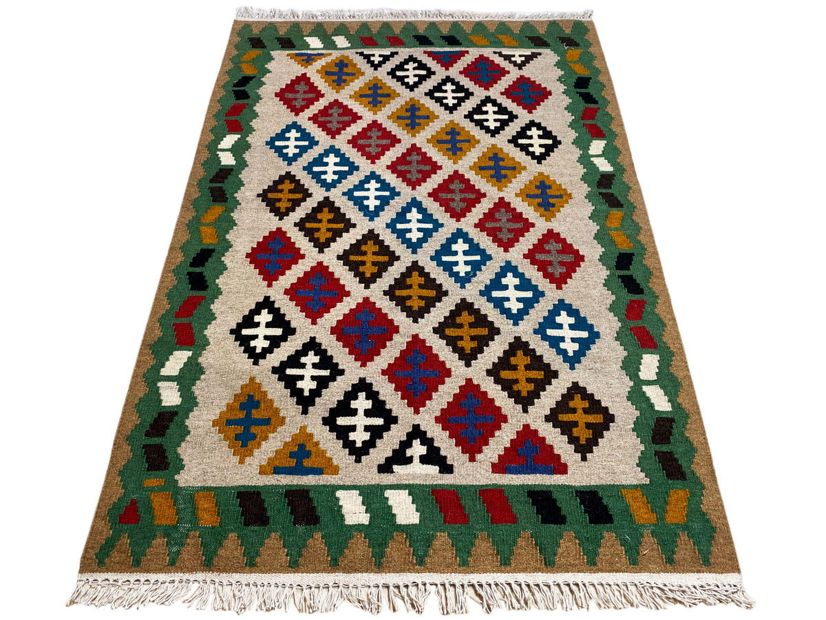 Kelim-Qashqai-Teppich 147x95 cm mit mehrfarbigem Rautenmuster und Fransen