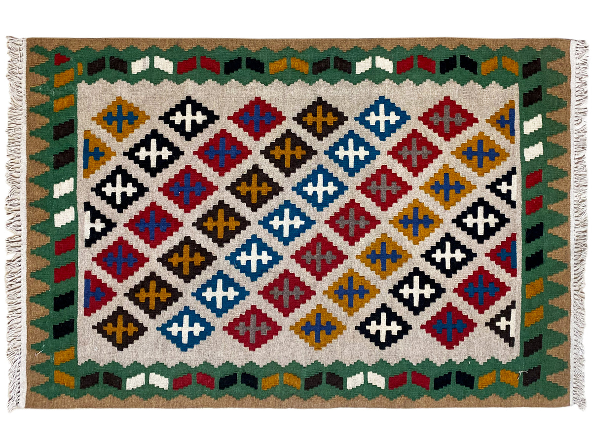 Kelim-Qashqai-Teppich 147x95 cm mit Rautenmuster in Blau, Rot, Gelb und Schwarz
