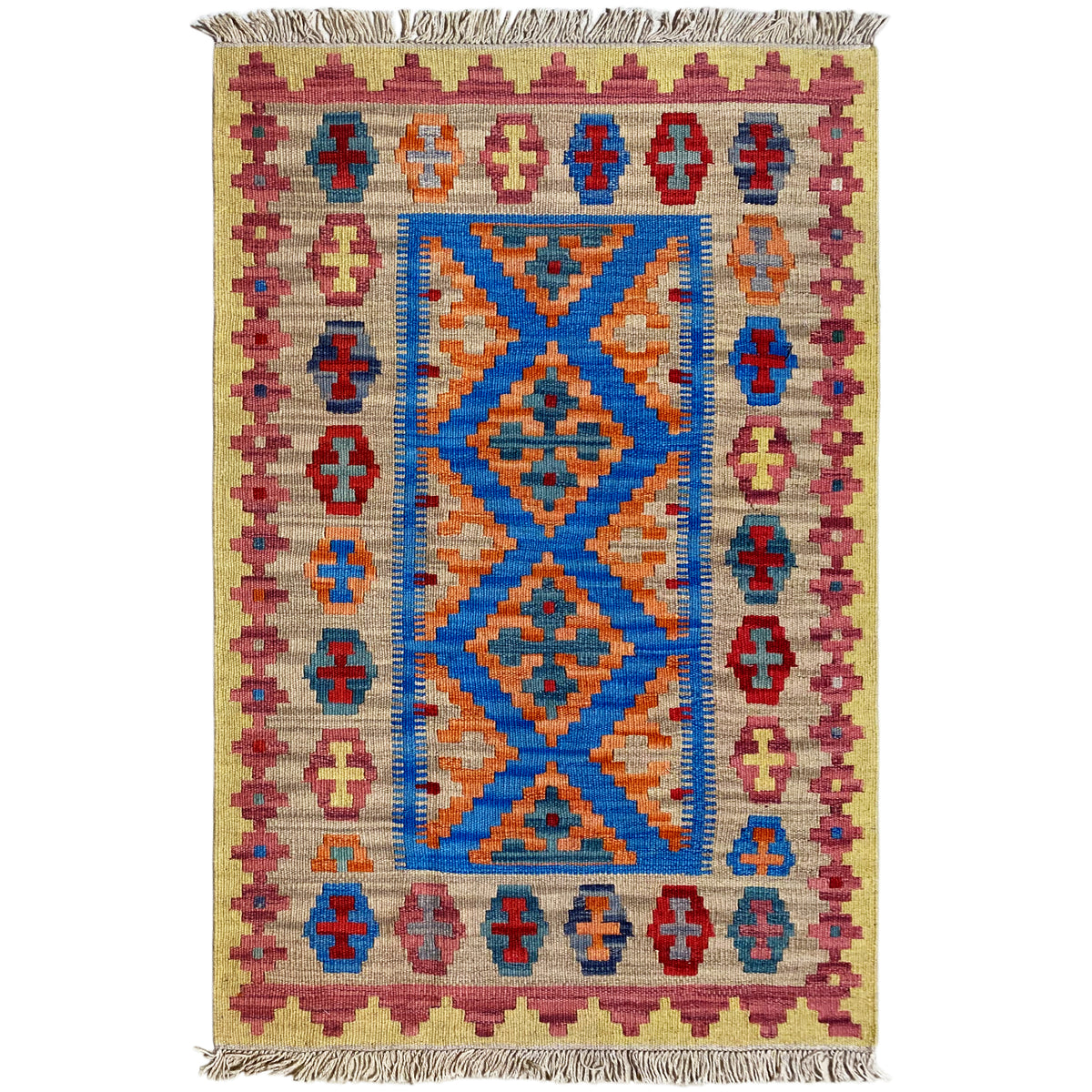 Beiger Kelim-Teppich mit großem blau-orange Rautenmotiv und karminrotem Bordürenmuster, Fransen