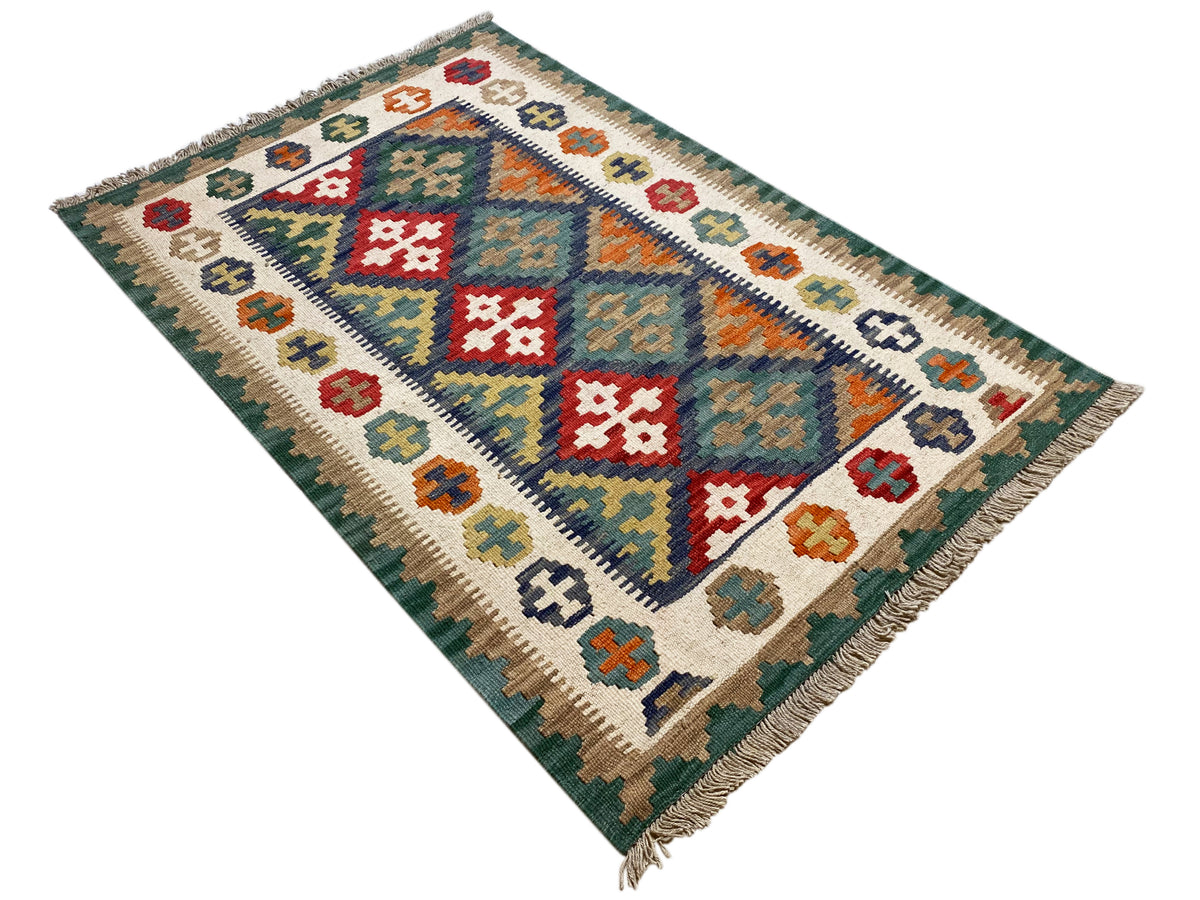 Kelim-Teppich mit diagonalen Rauten und bunten Symbolen, mit Fransen