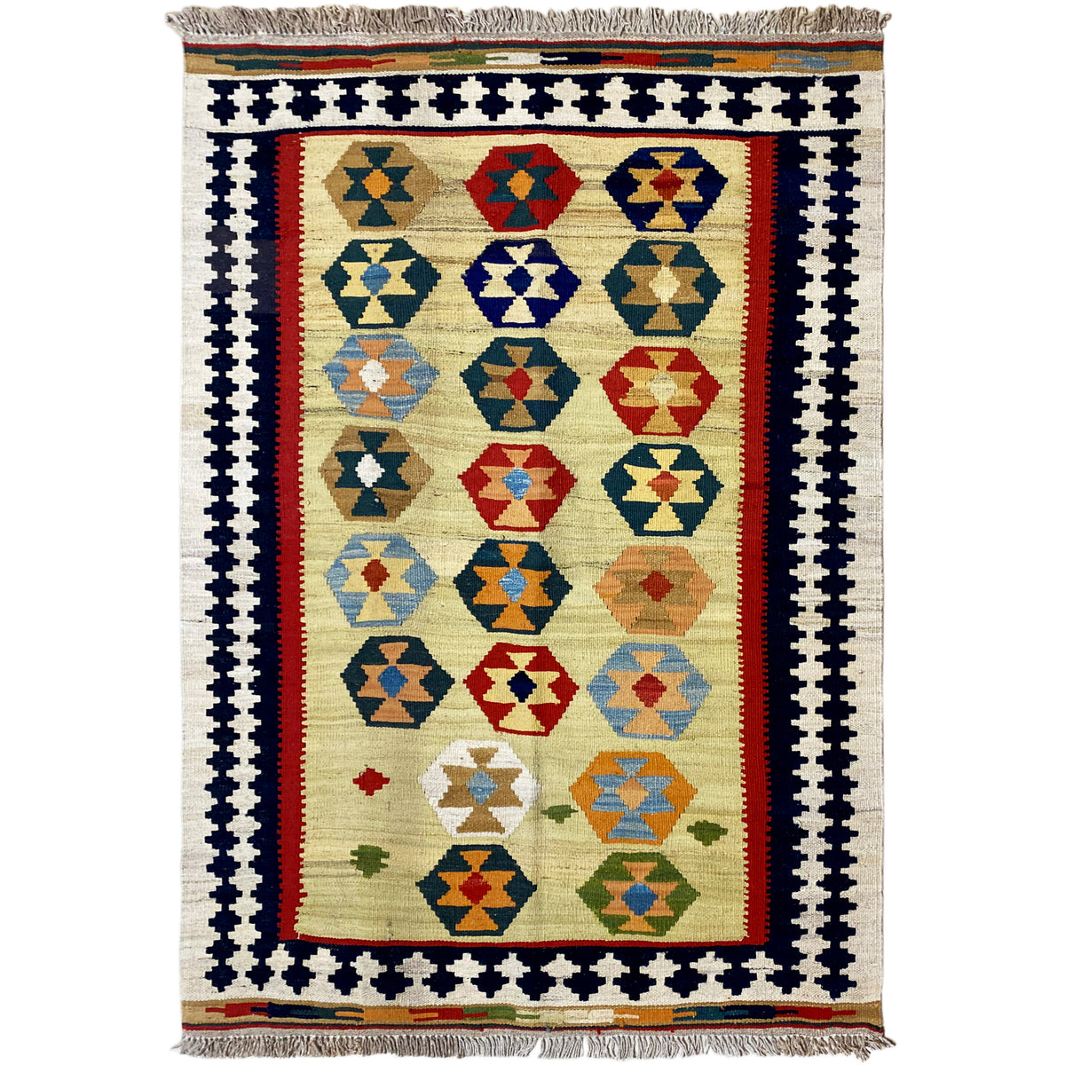 Kelim-Qashqai-Teppich Beige mit mehrfarbiger Diamant-Grafik und Fransen am unteren Rand