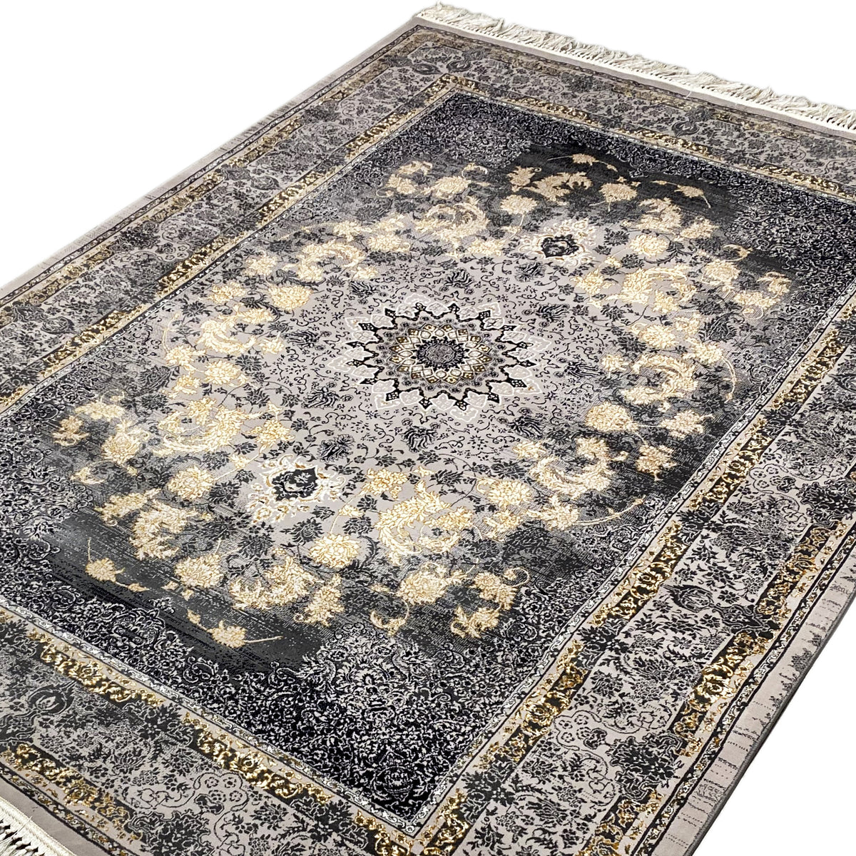 Nahansicht Medaillon-Teppich 160x230: zentrales Sternmuster, dunkelgrau, goldbeige Ornamente
