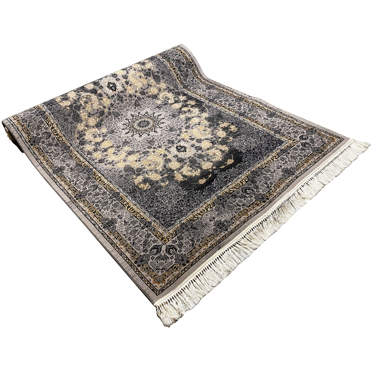 Teppich 160x230 von oben, dunkelgrauer Grund mit Medaillon, Rahmen und Fransen