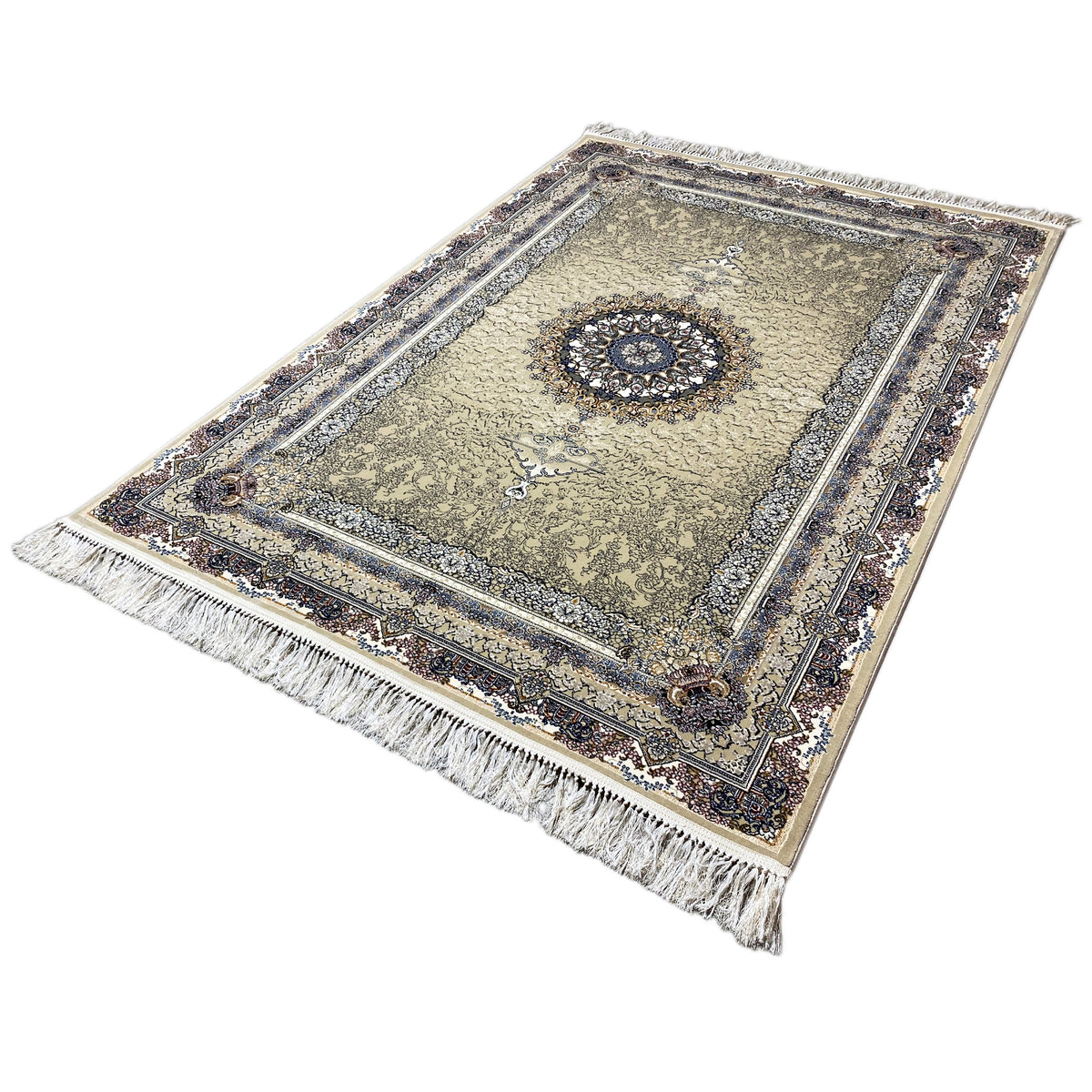 Rechteckiger Medaillon-Teppich mit beigem Ornamentmuster, blauem Rahmen und Fransen