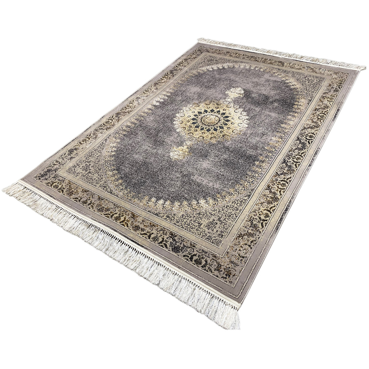 Medallion-Teppich 160x230 in dunklem Grau mit floraler Bordüre und Fransen