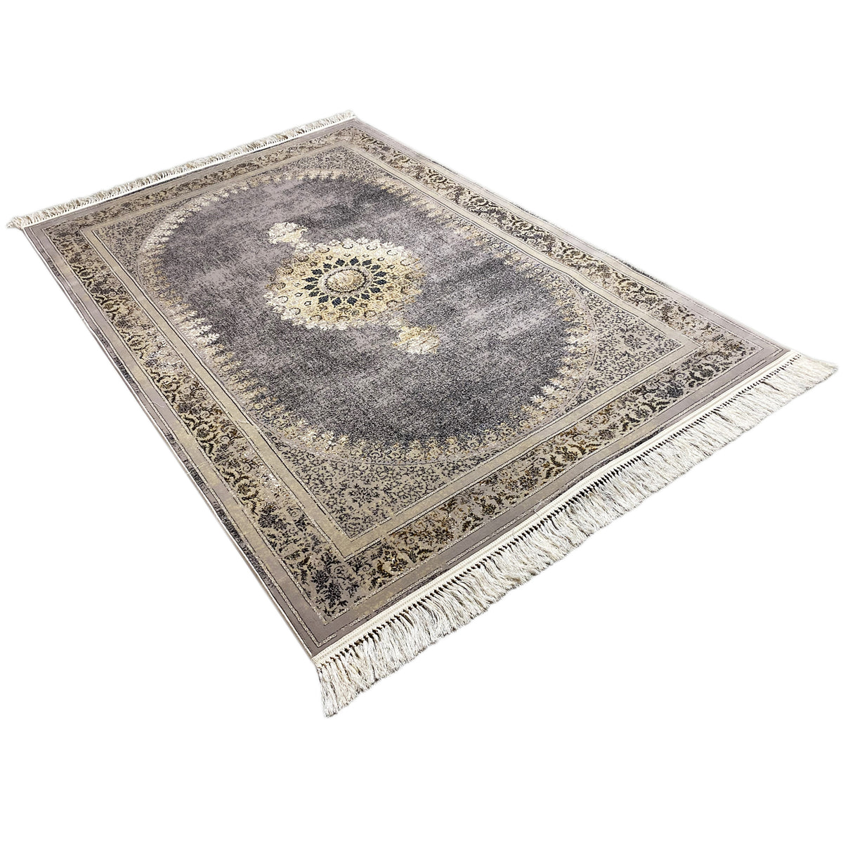 Medallion-Teppich mit orientalisch wirkendem Ornament, dunklem Grau und Fransen