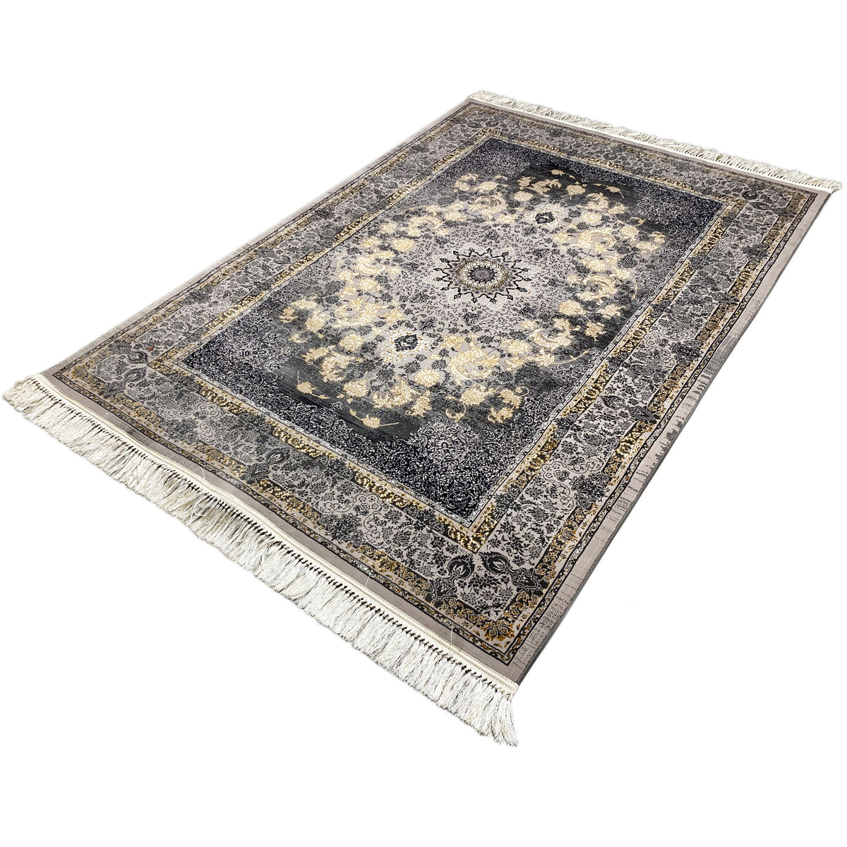 Medaillon-Teppich 160x230, schräg liegend, dunkelgrau mit goldbeigen Ornamenten und Fransen