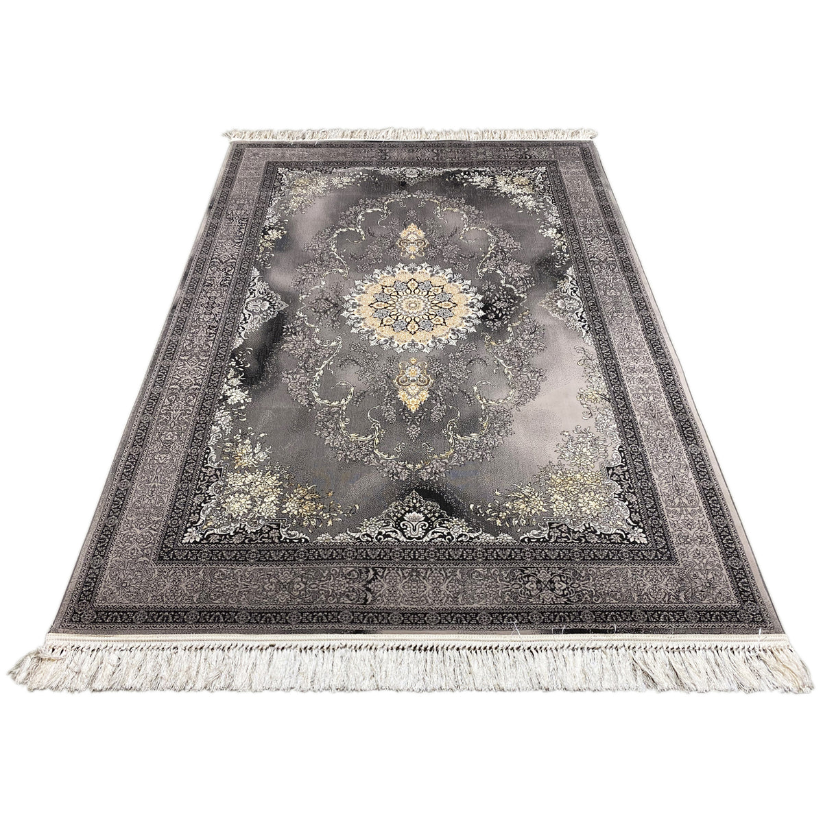 Kashan-Teppich rechteckig in Grau mit Medaillon-Zentrum, Ornamentrahmen und Fransen