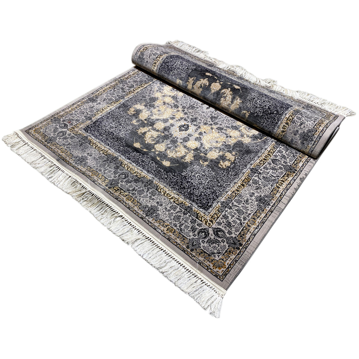 Medaillon-Teppich mit dunkelblauem Ornamentmuster, beigen Akzenten, Fransen, 160x230