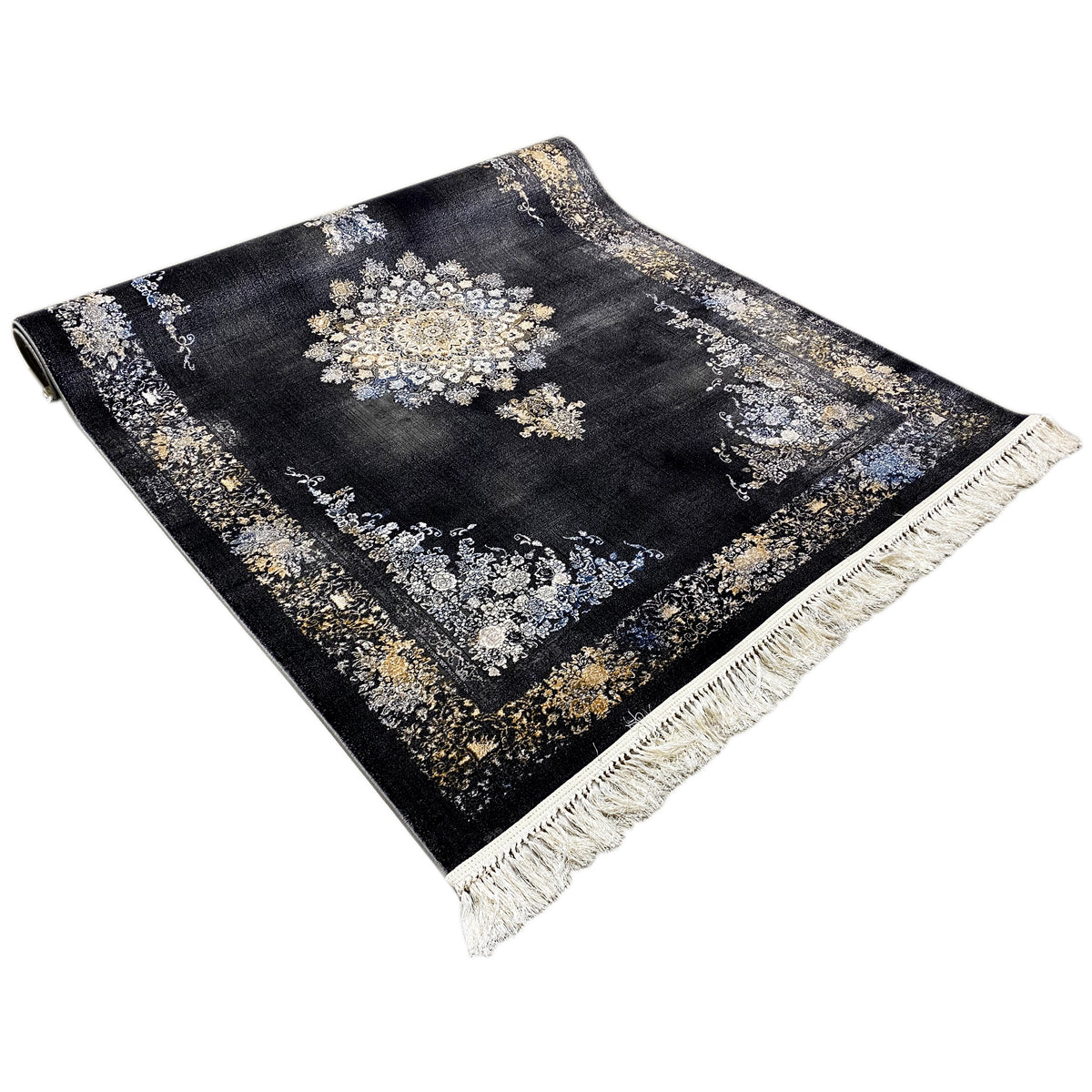 Quadratischer Teppich aus dunklem Gewebe mit Ornamenten in Gold und Silber, Fransen