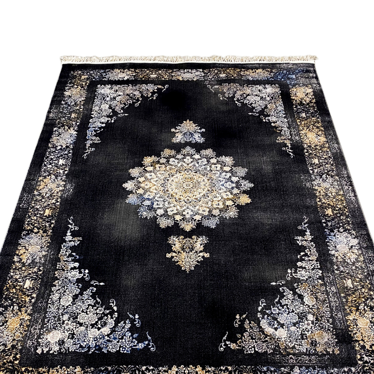 Teppich mit dunklem Hintergrund und zentralem Blumenornament, goldene und silberne Einfassung