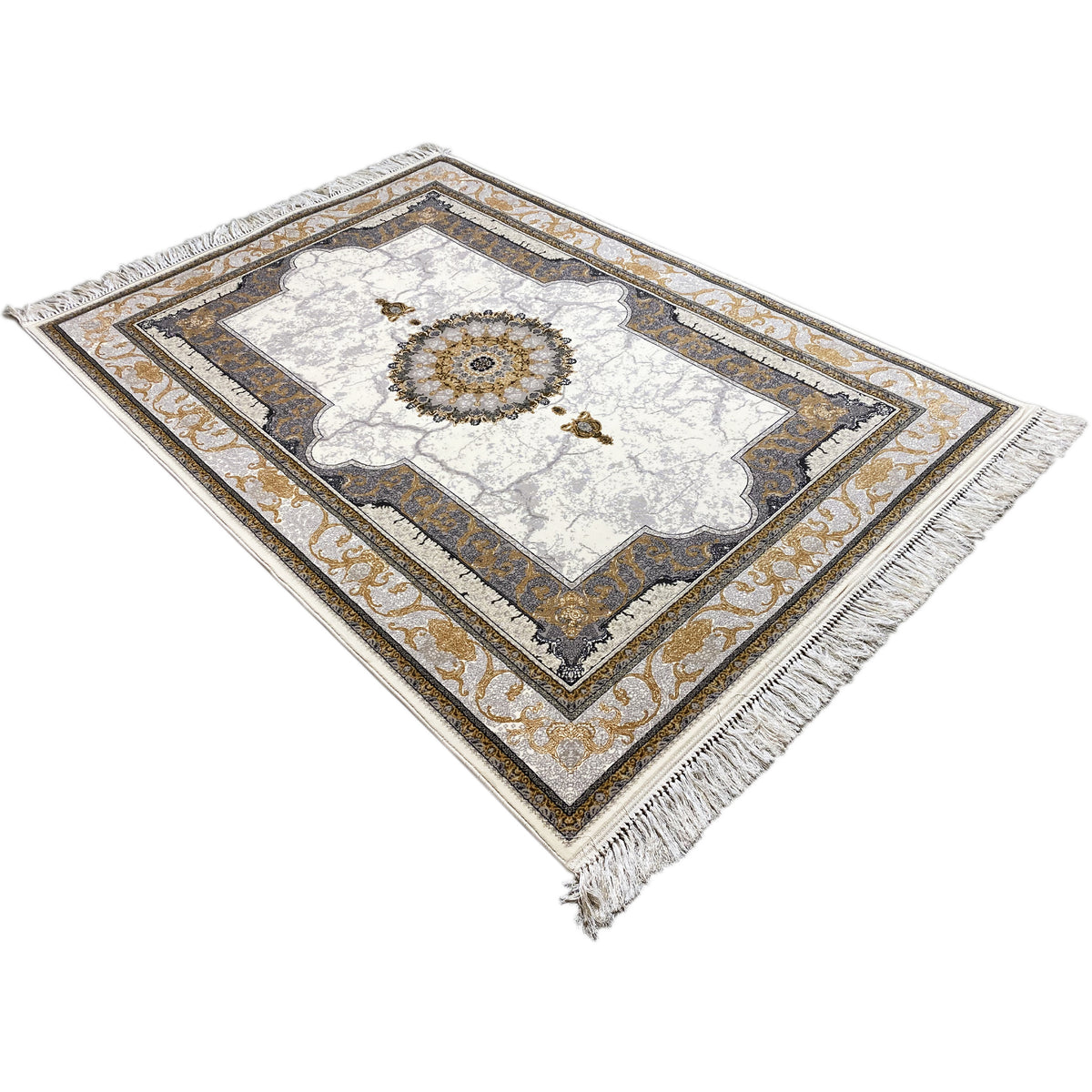 Cremefarbener Teppich mit ornamentalem Muster, Fransen, ca. 160×230 cm