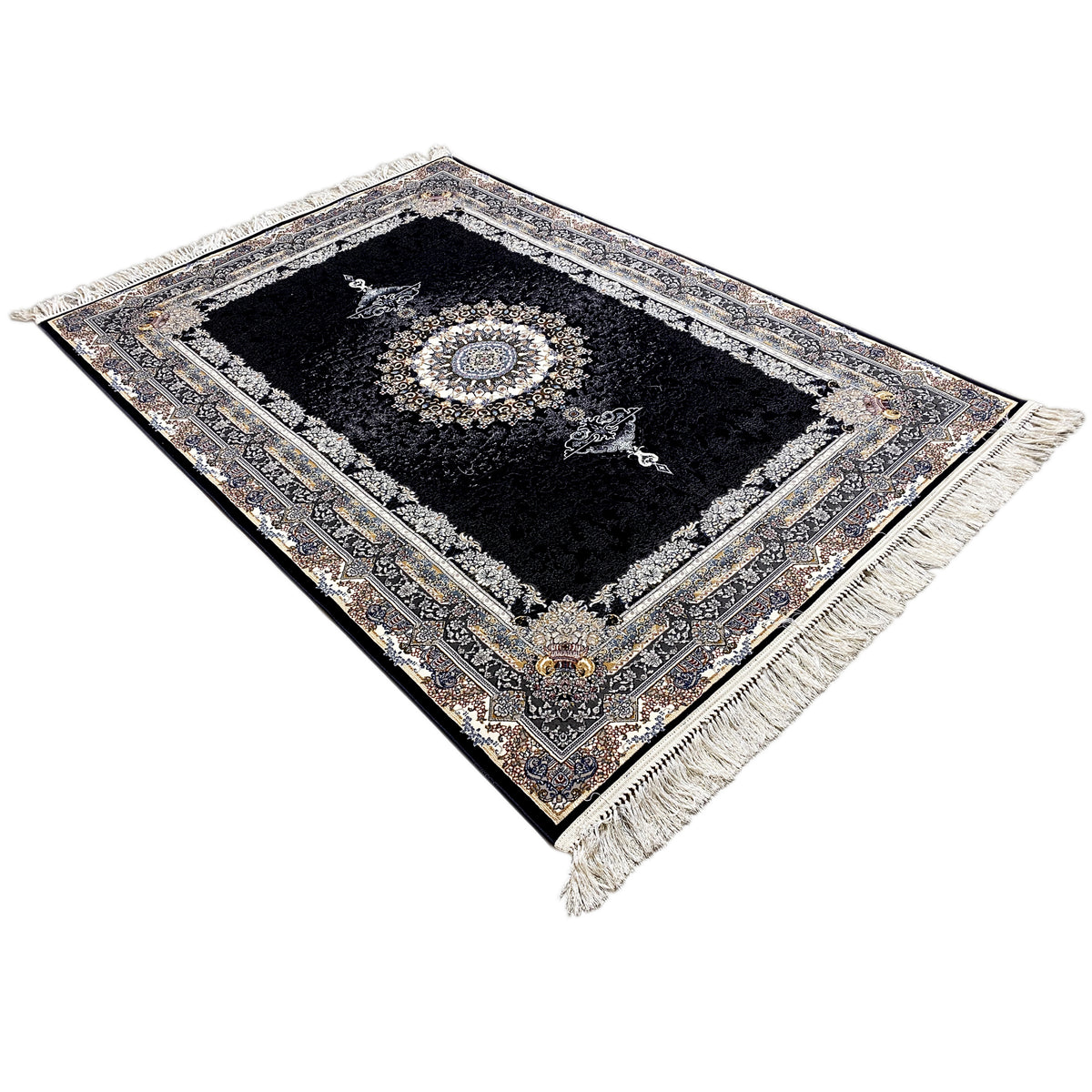Schwarzer Orientteppich mit Medaillon-Muster, breiter Bordüre und Fransen