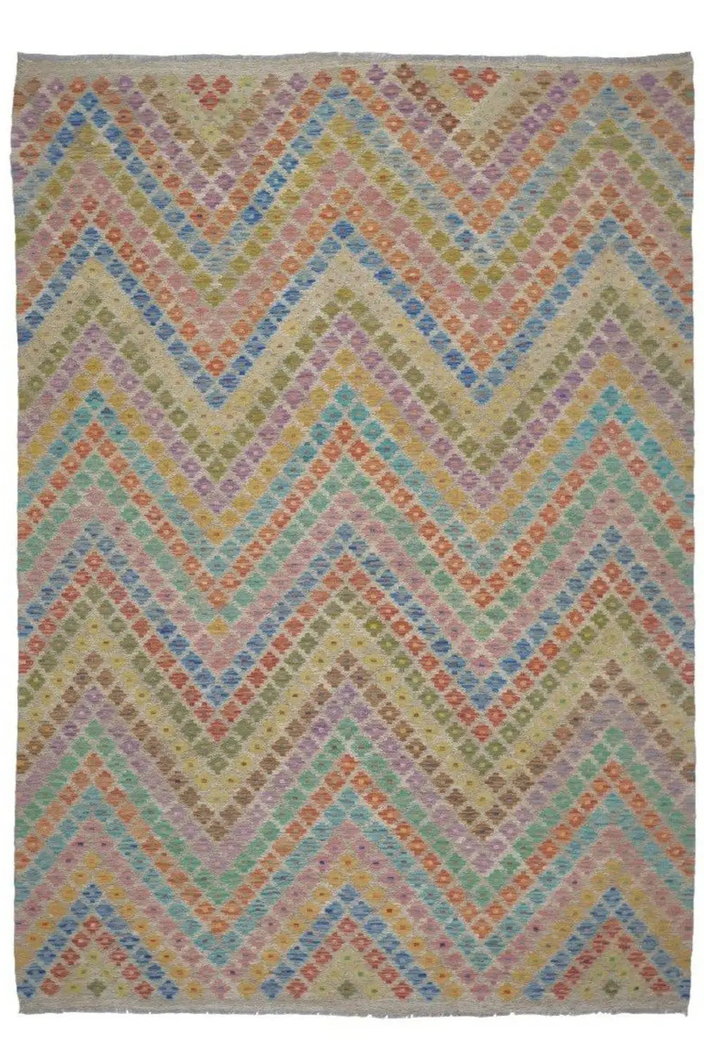 Afghanischer Kelim 298x210 cm mit zartem Zickzack-Chevron in Pastell und Grau