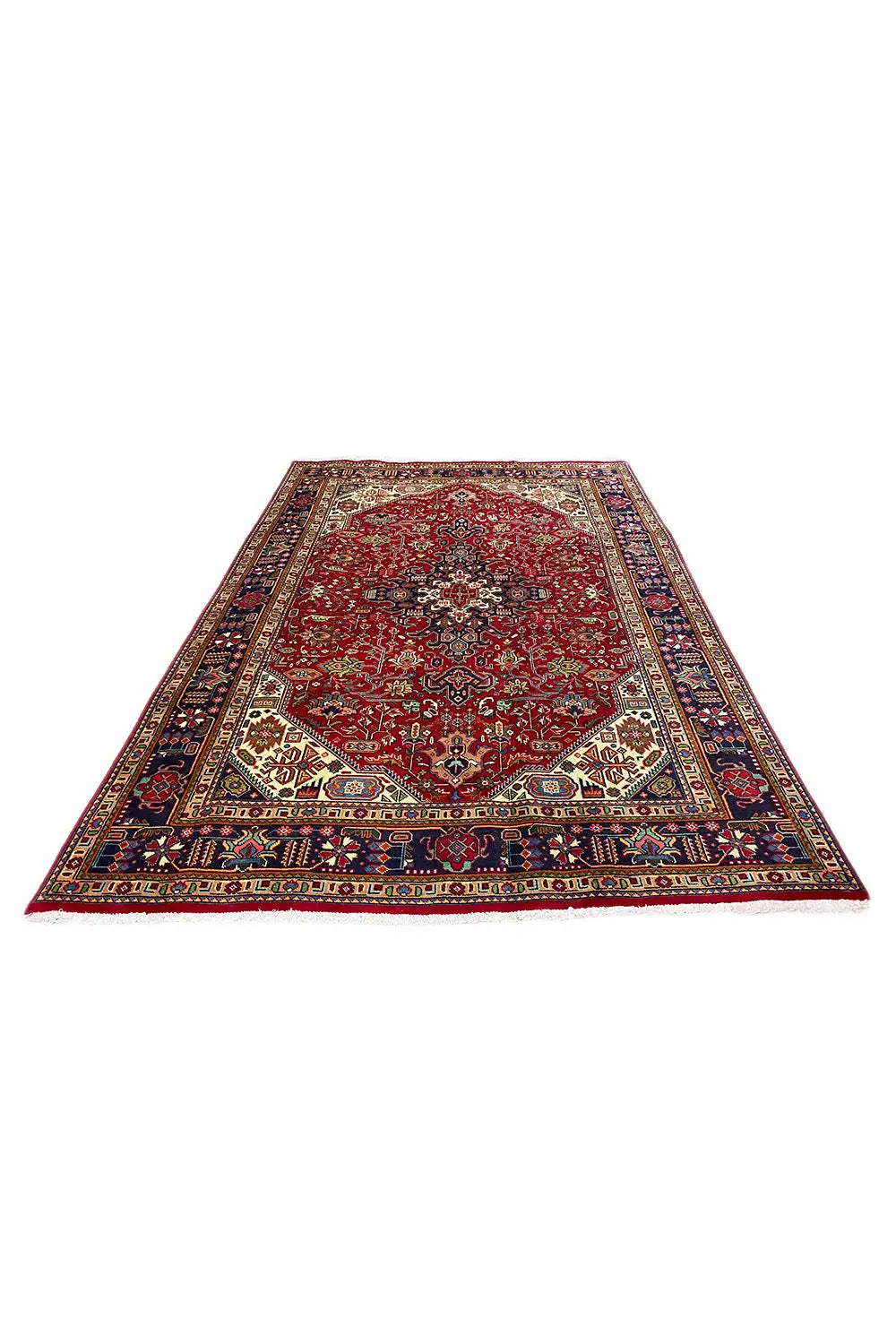 Rechteckiger Orientteppich mit rotem Grund, blauem Rahmen und Ornament-Medailons