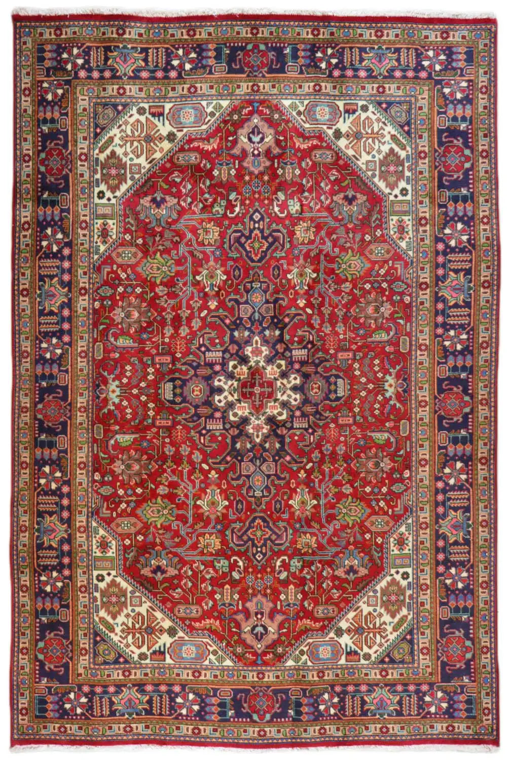 Orientteppich mit rotem Medaillon und blauem Bordürenmuster, rechteckig