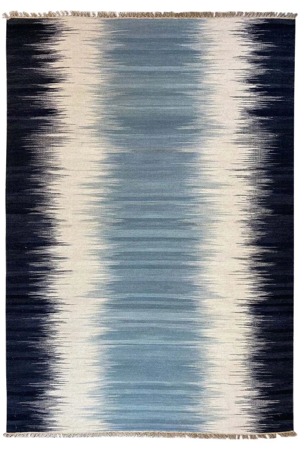 Moderner Kelim-Teppich 160x230 cm, helles Mittelstück, dunkle Seiten, gerader Rand