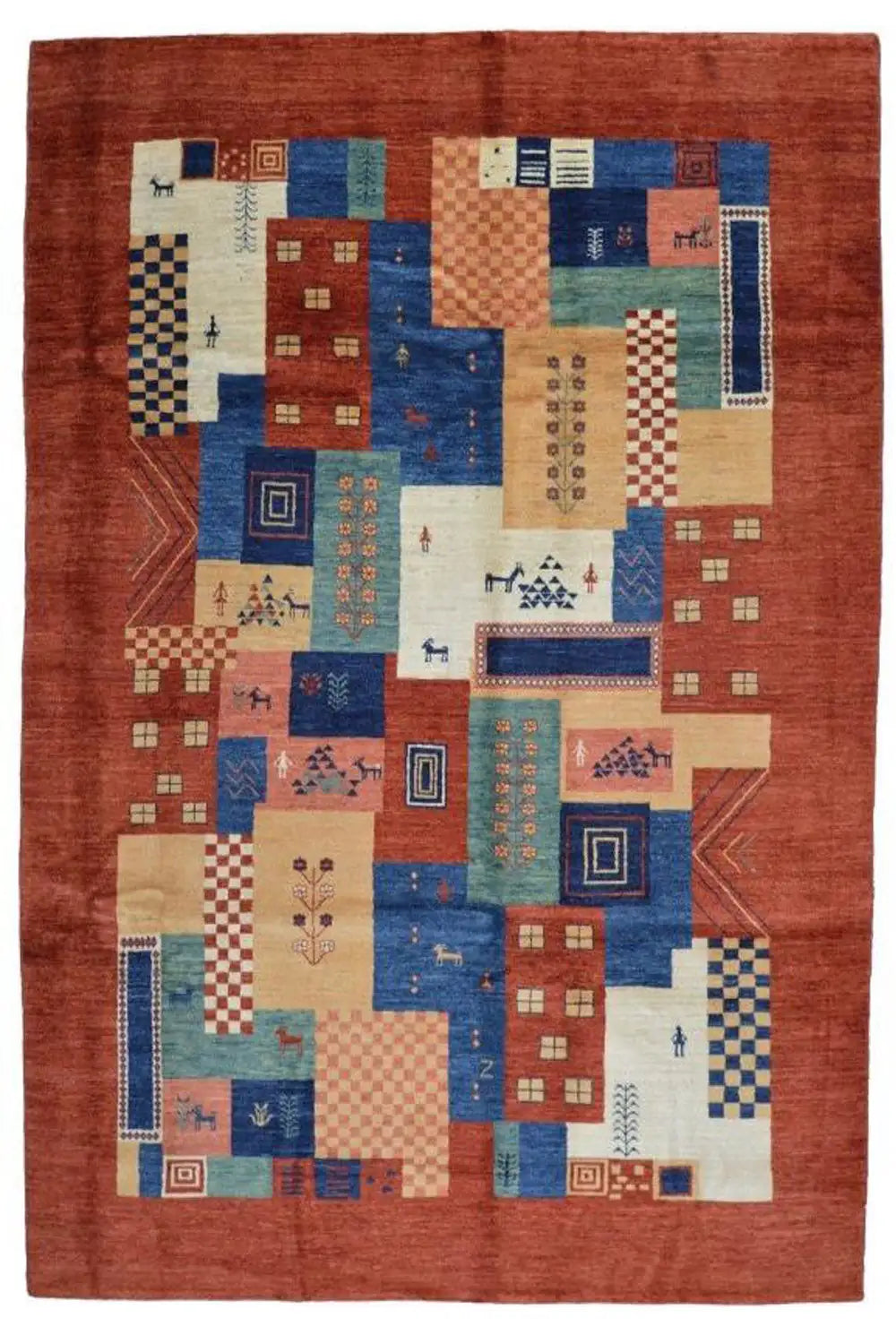 Gabbeh-Lori-Teppich (278x182 cm) flachliegend, rotes Feld mit bunten geometrischen Blöcken