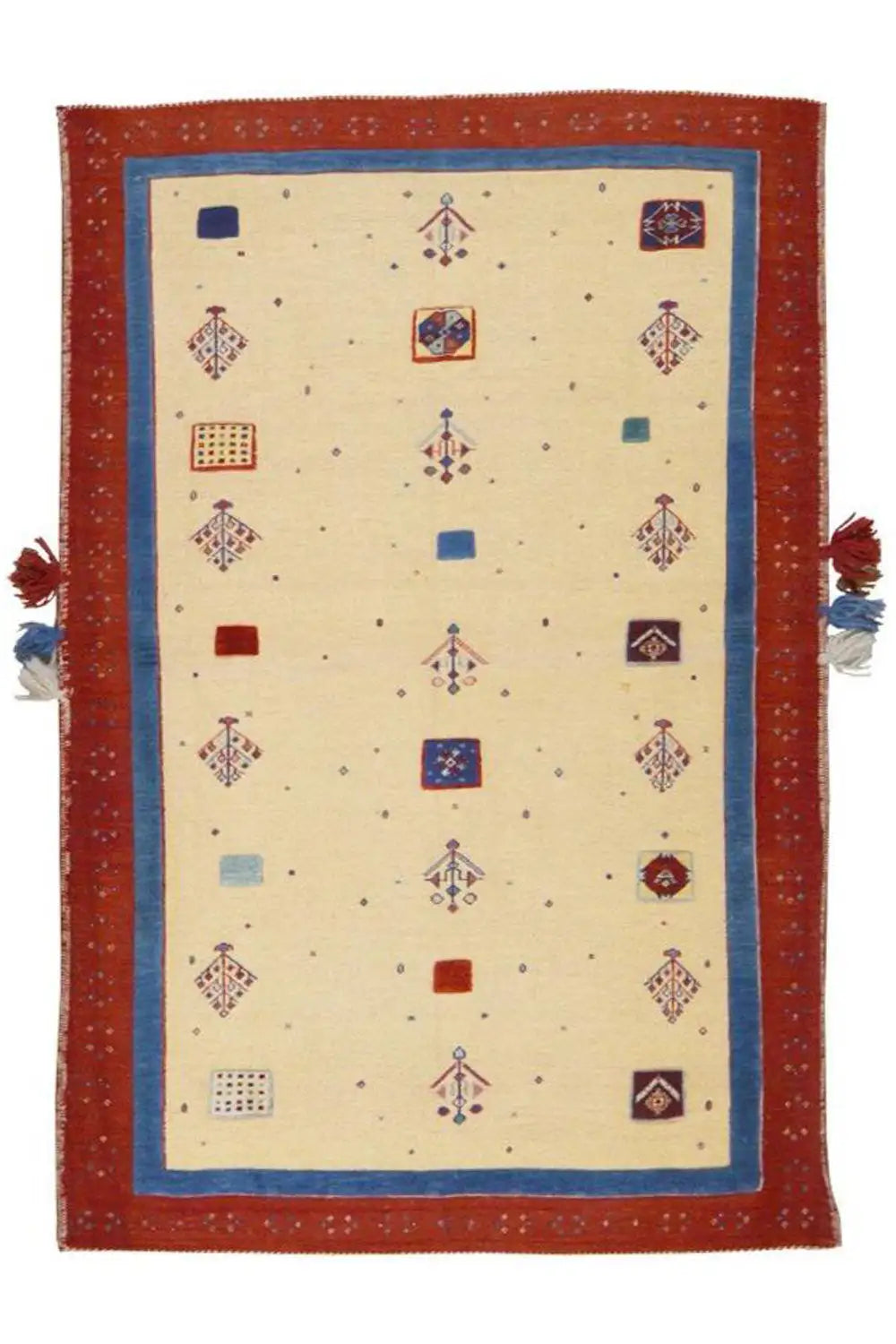 Teppich Soumakh 15407: rechteckig, beige mit rotem Rand, blauem Rahmen und Quasten