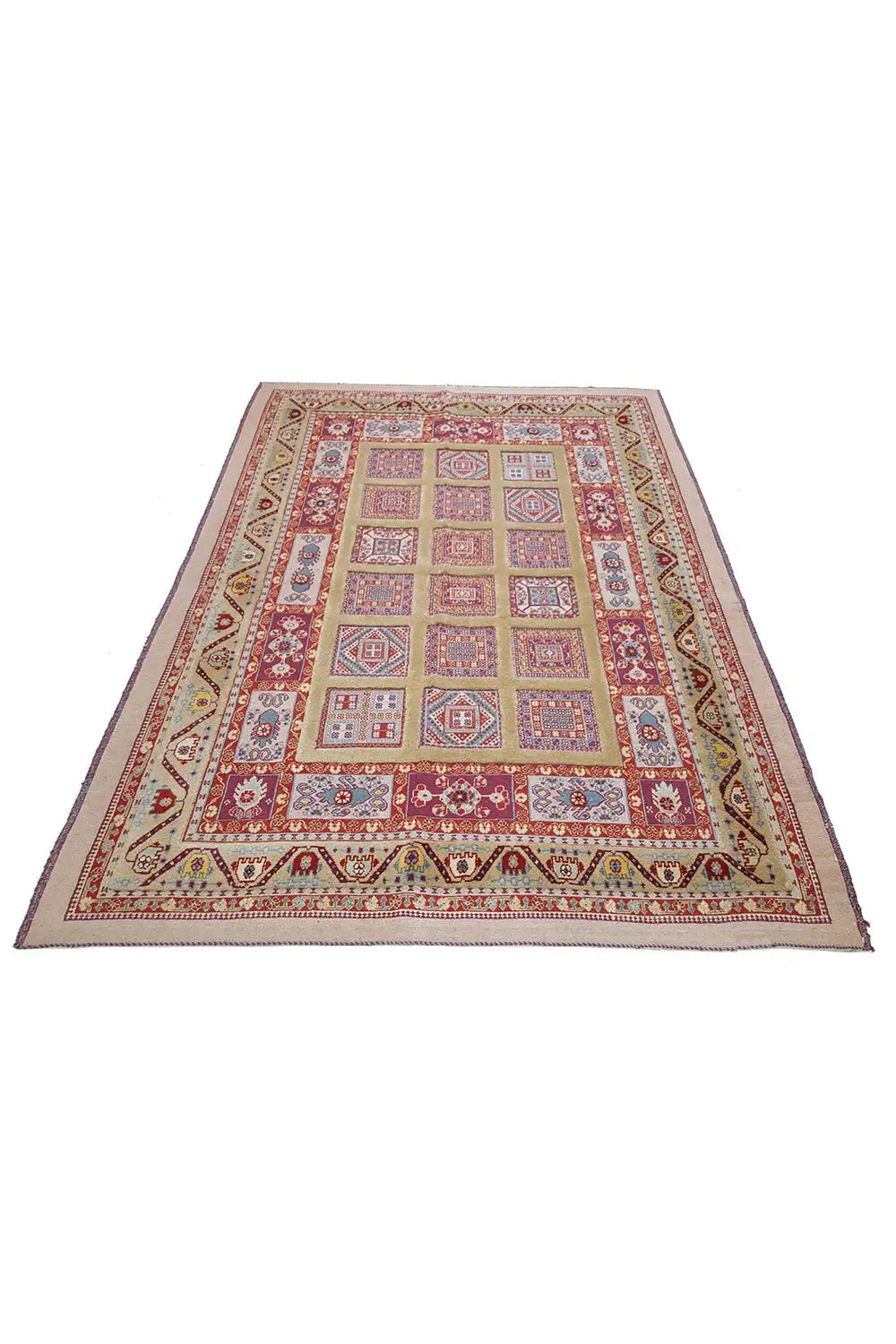 Soumakh-Teppich 220x149 cm mit geometrischem Muster in Rot-, Blau- und Beigetönen