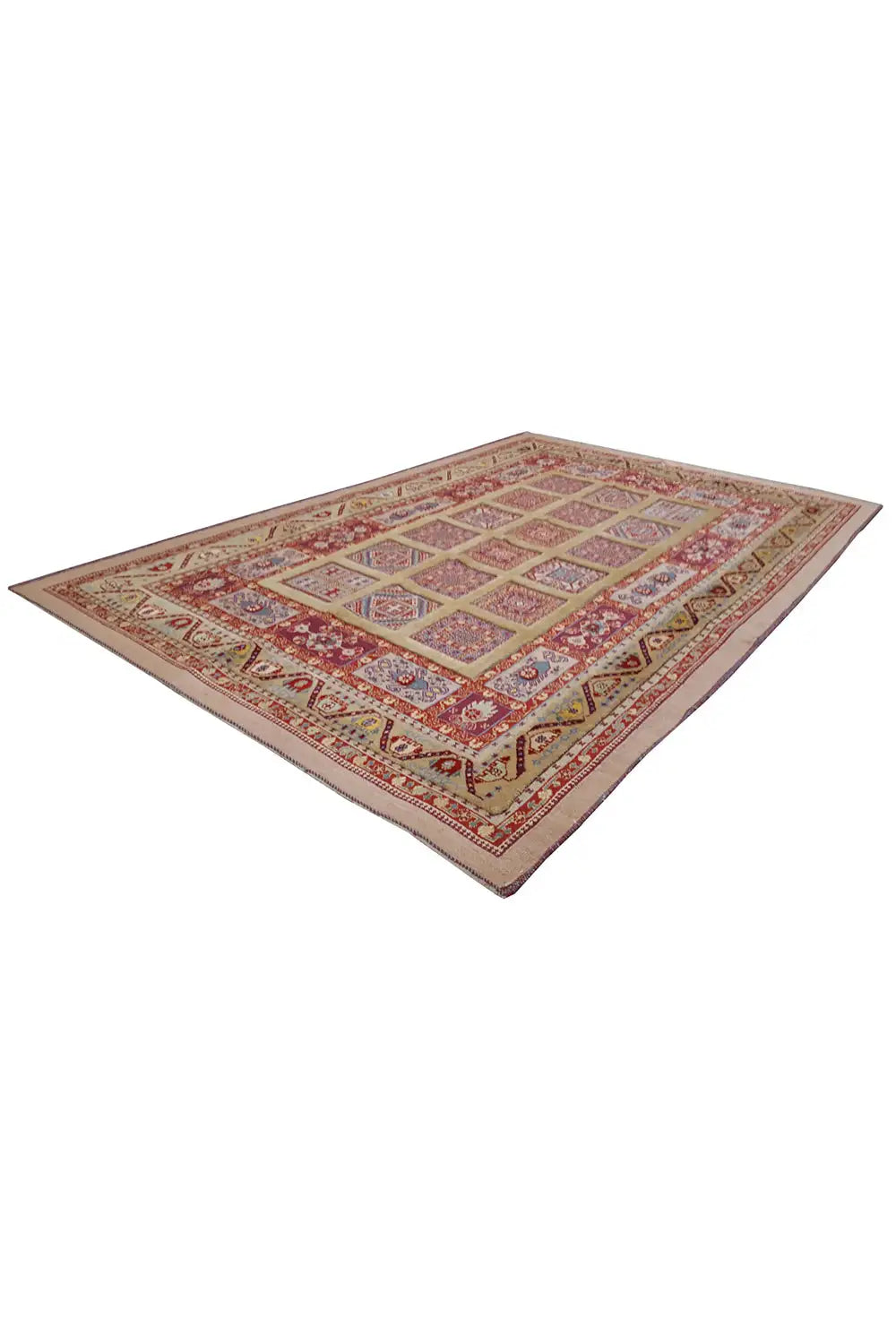 Soumakh-Teppich 220x149 cm, diagonal ausgelegt, geometrisches Muster in Rot/Beige