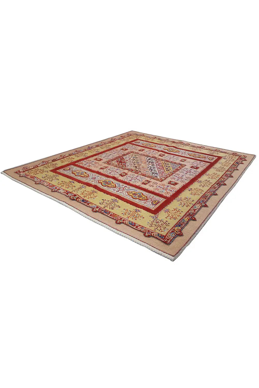 Soumakh-Teppich 172x155 cm, cremefarben mit rotem und blauem Ornamentmuster