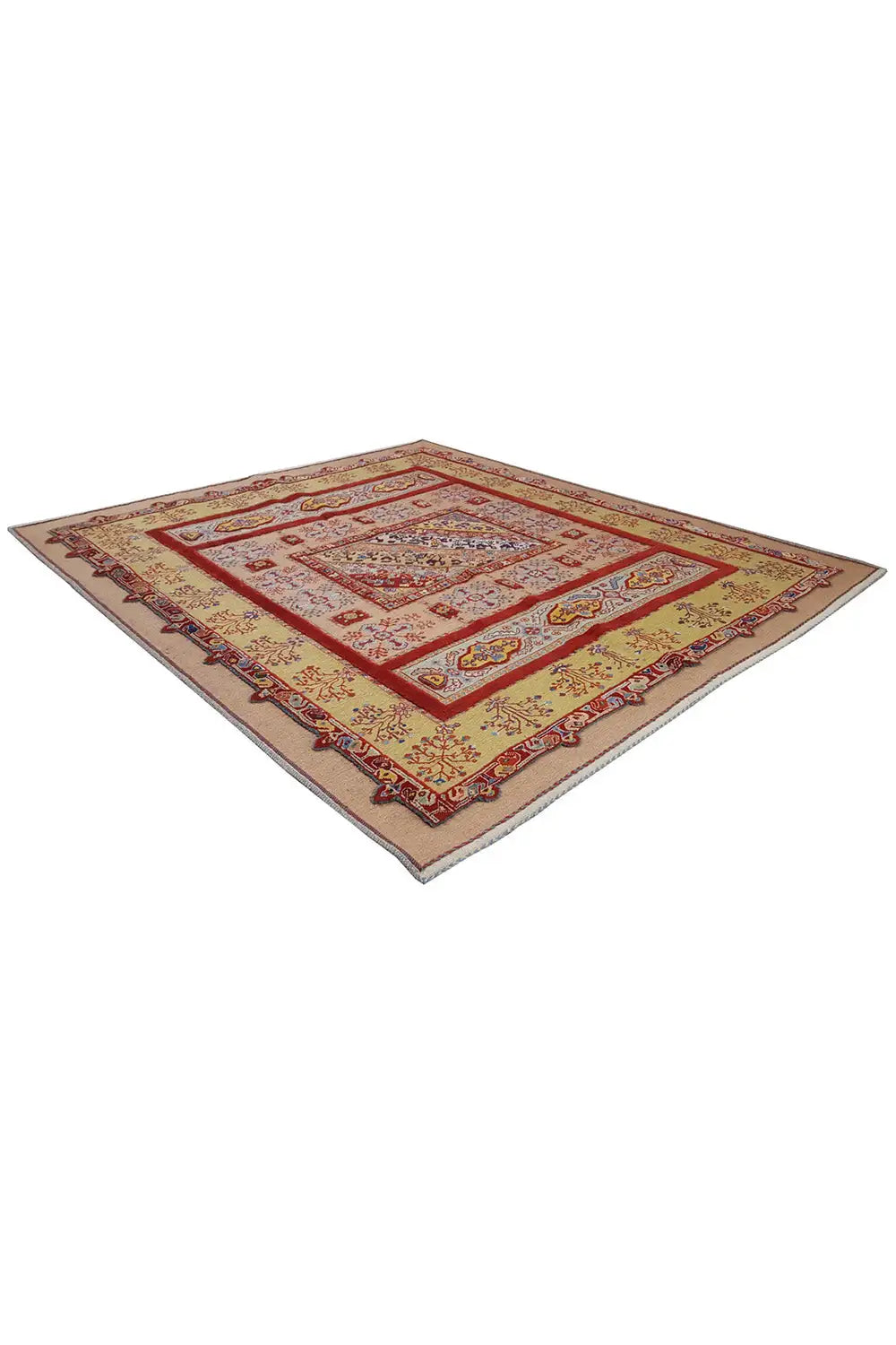 Soumakh-Teppich 172x155 cm mit Rahmenornamenten in Rot, Blau und Beige