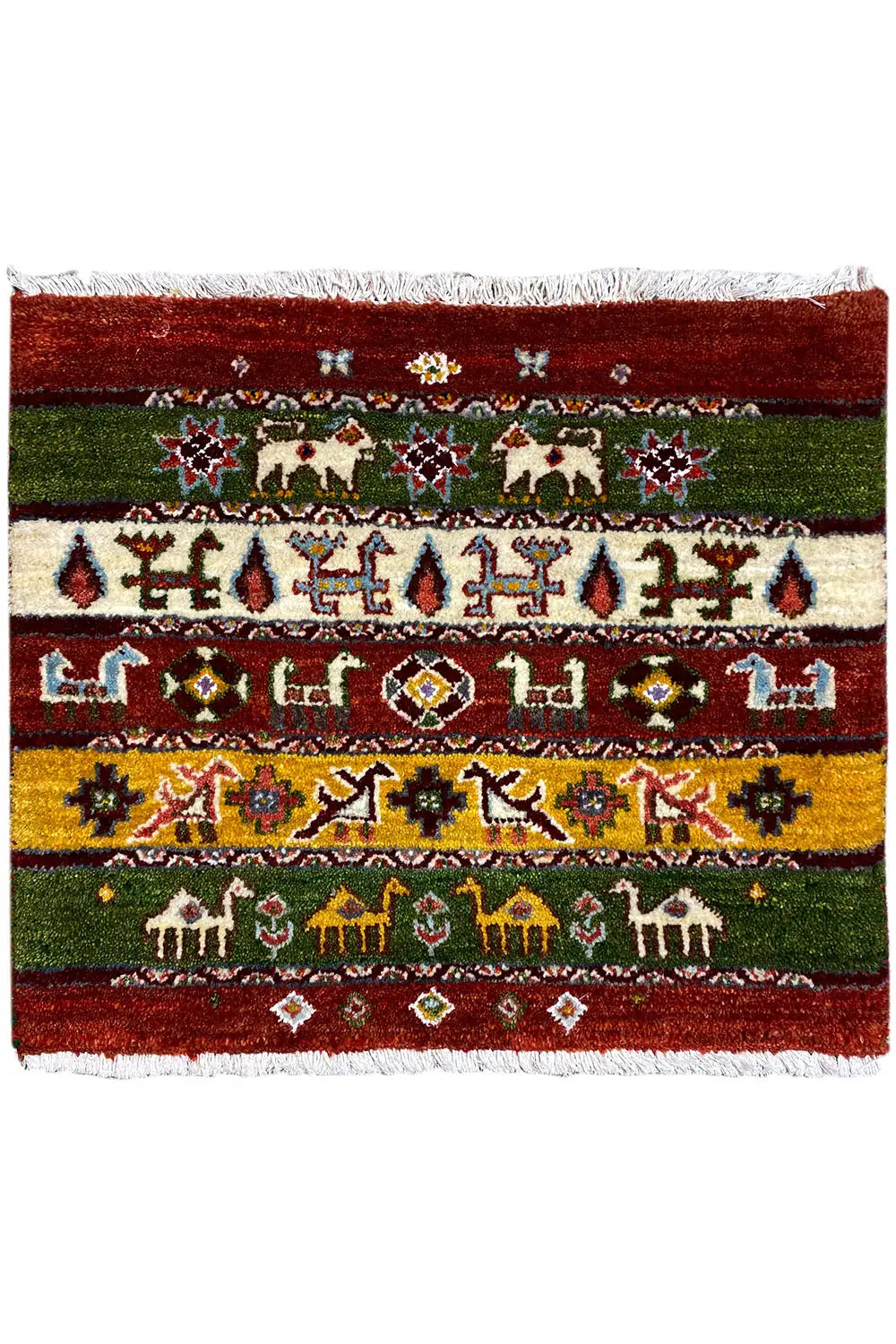 Gabbeh-Lori-Teppich (55x64 cm) mit grünem, rotem und gelbem Muster, Ziegen