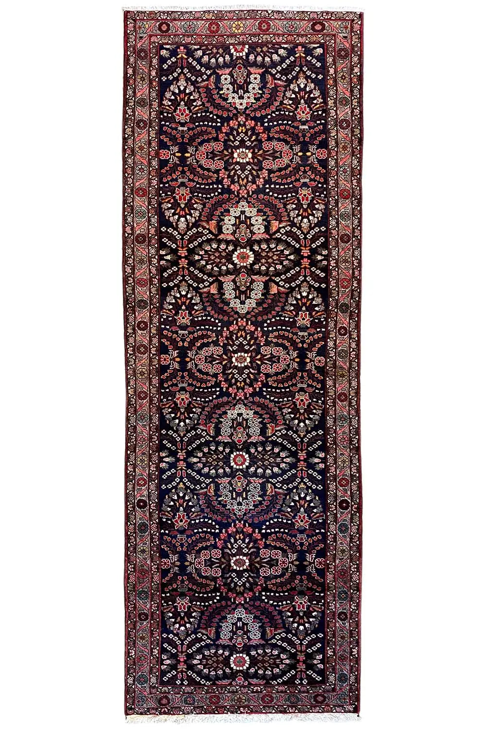 Hamadan-Läufer senkrecht: dunkelblau mit roter Bordüre und ornamentalem Mittelmotiv