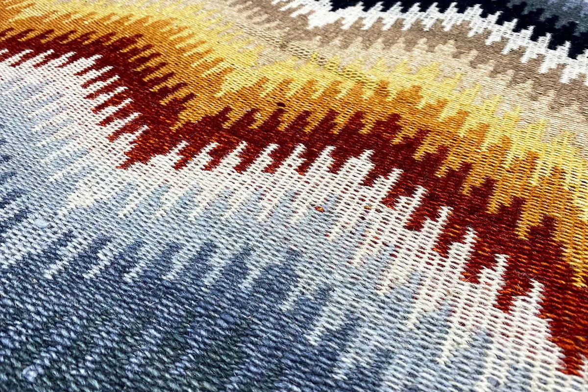 Moderner Kelim-Teppich 160x230 cm mit Zickzackmuster in Blau, Gelb und Rot