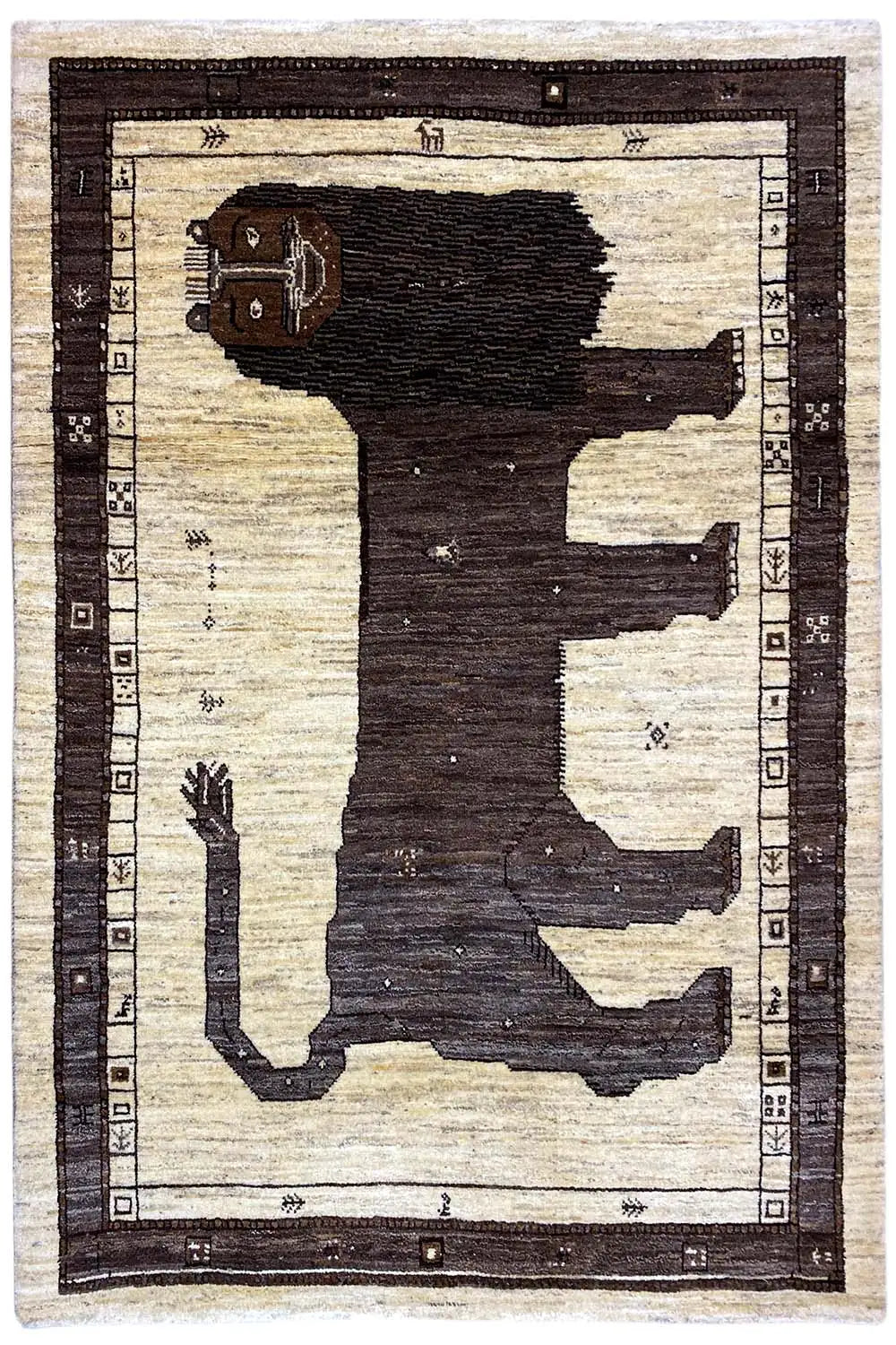 Gabbeh-Teppich mit Löwen-Silhouette in Braun und Beige, dunkel gerahmtes Gesamtbild