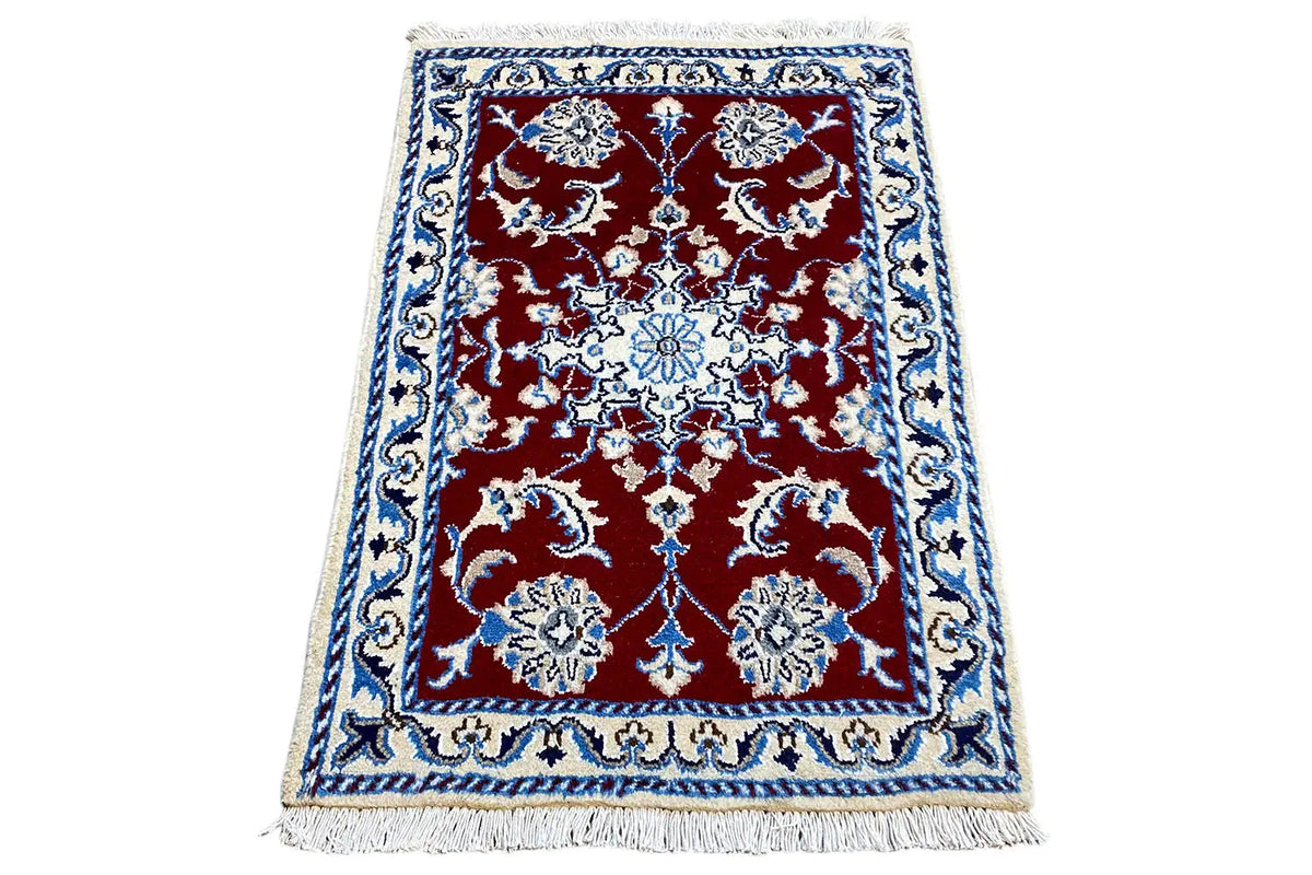 Nain-Teppich 87x59 cm, rotes Muster mit Medaillons, blaue Ornamentrahmung und Fransen
