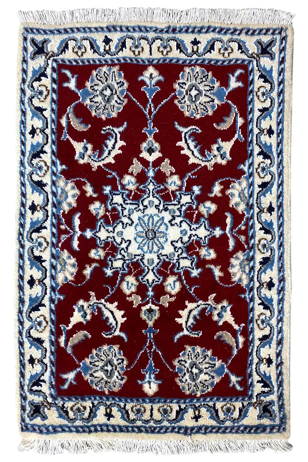 Nain-Teppich 87x59 cm mit Fransen, rotem Bordürendesign in Blau und Weiß
