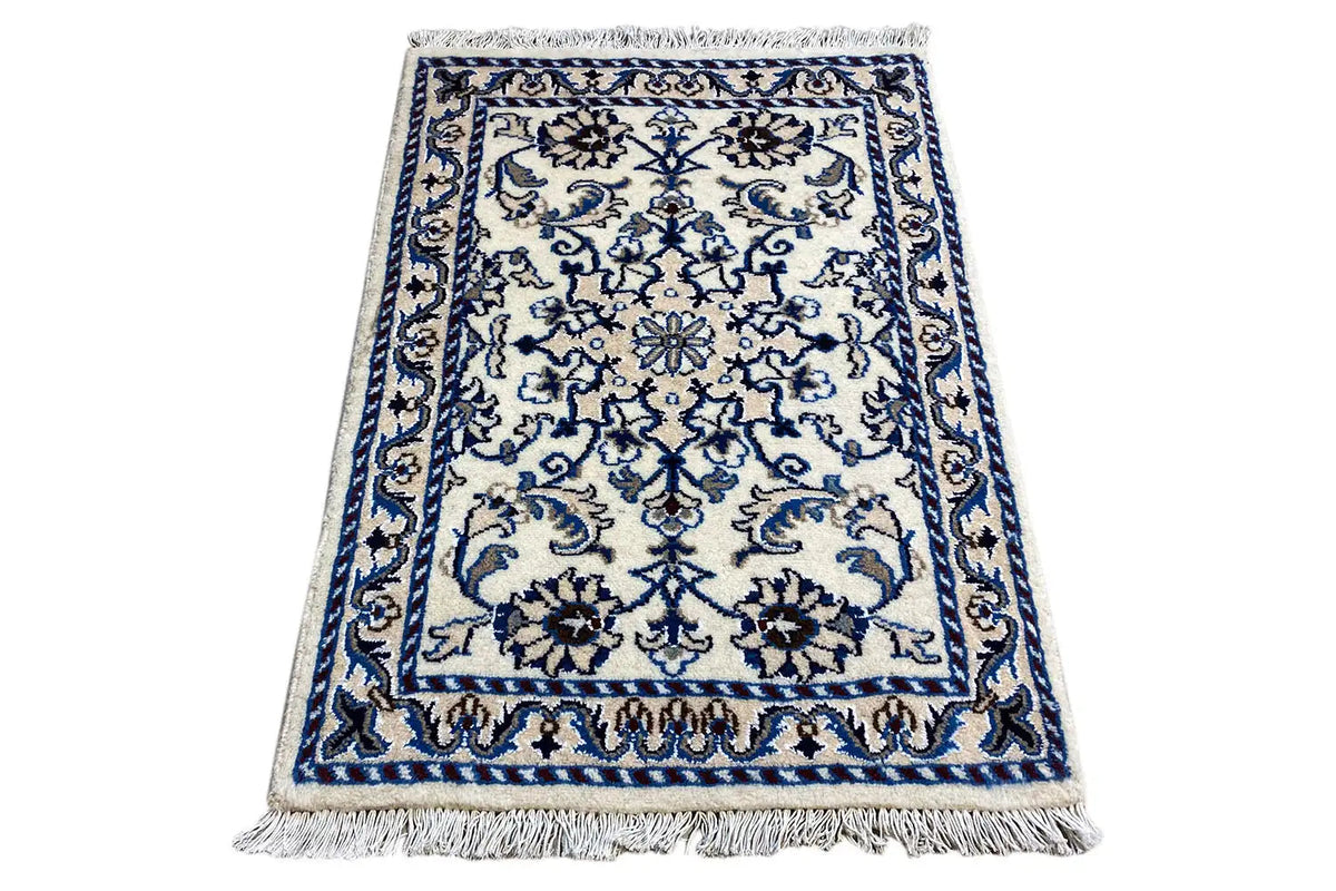 Nain-Teppich 85x60 cm, blau-weißes Ornamentmuster, Fransen