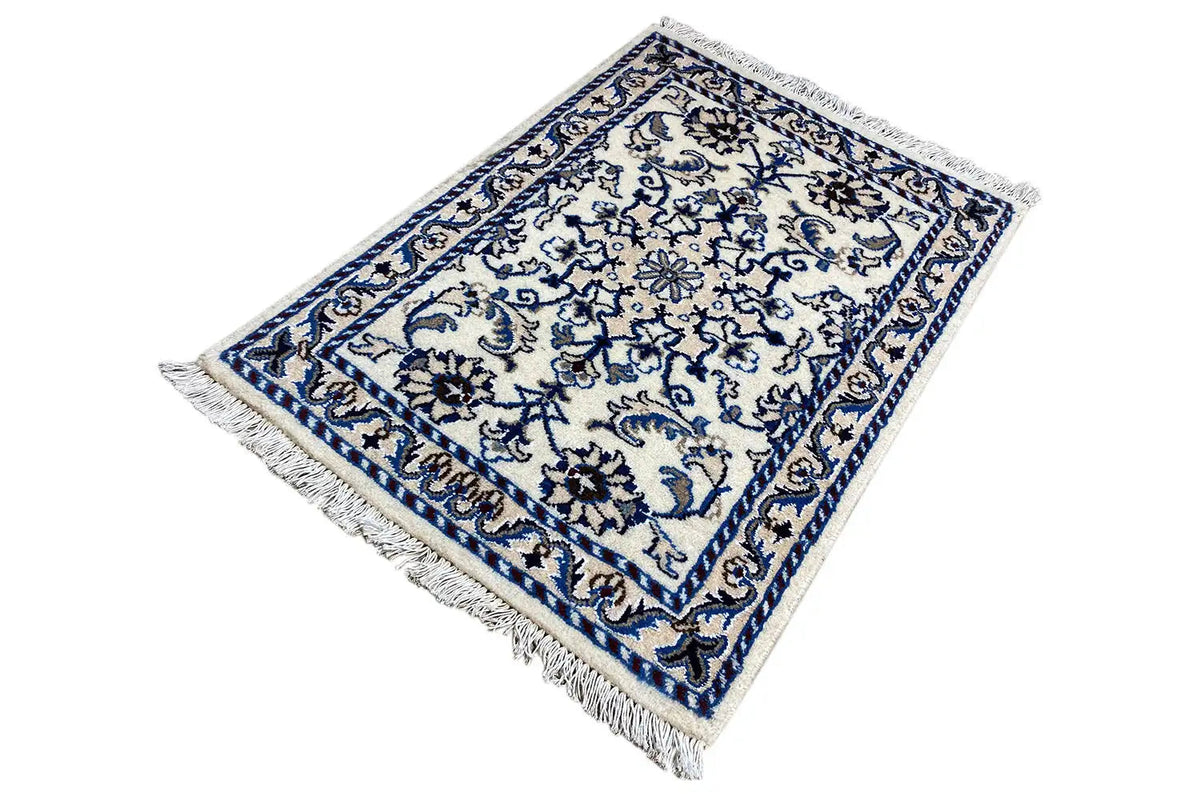 Nain-Teppich 85x60 cm, rechteckig, blau-weiße Musterbordüre und Fransen