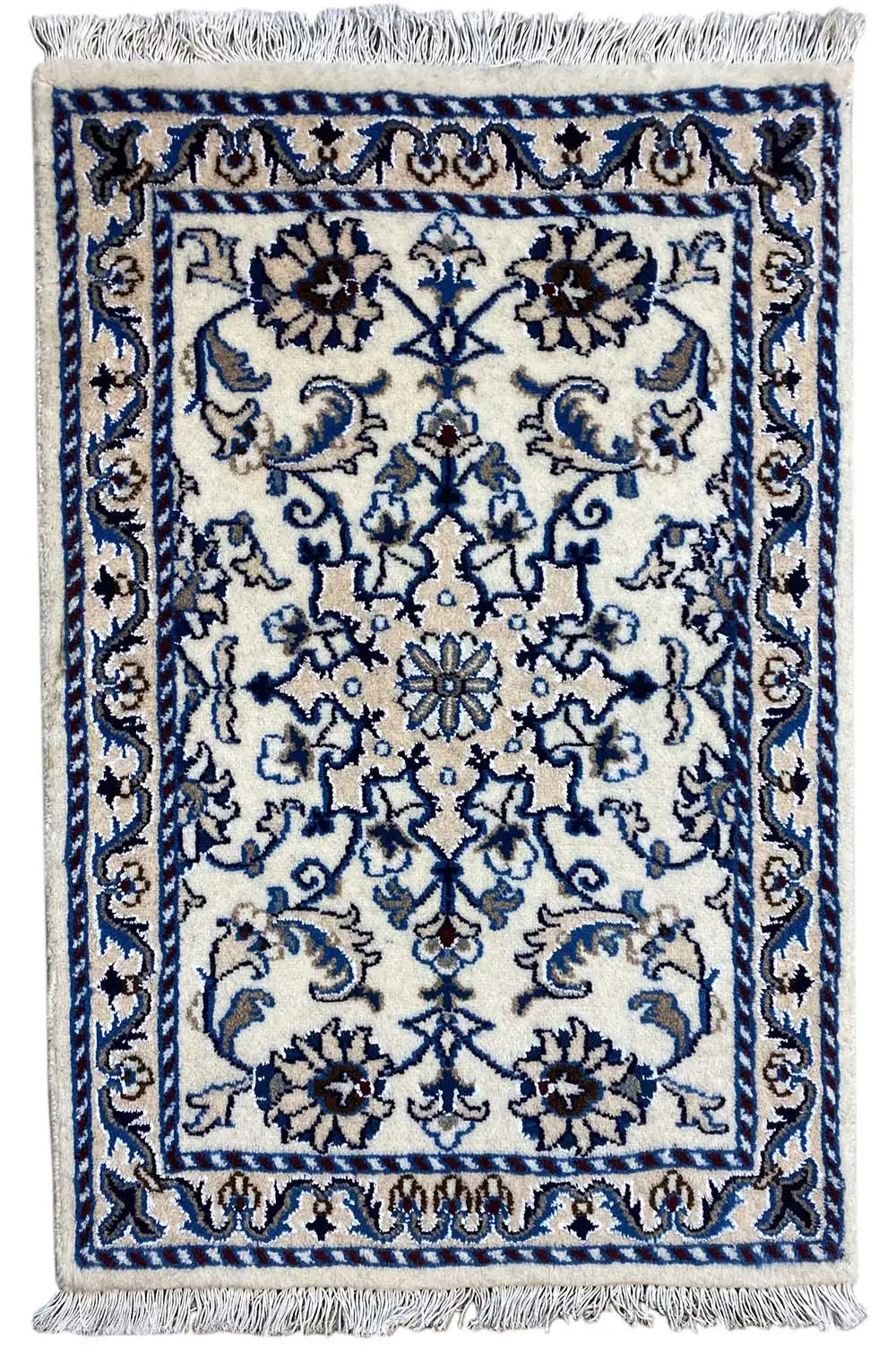 Nain-Teppich 85x60 cm mit blauem Ornamentdesign und Fransen am Rand