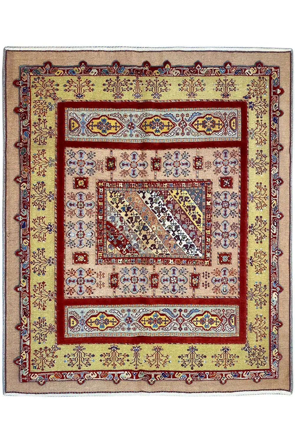 Soumakh-Teppich 172x155 cm mit zentralem Medaillon und Zierbordüre in Rot/Blau