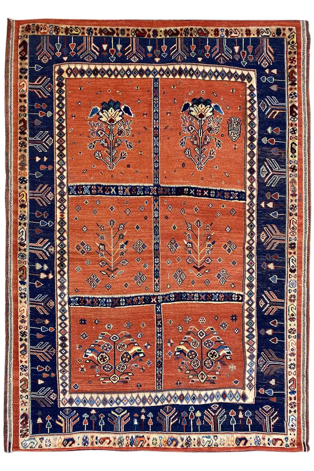 Soumakh-Teppich, rechteckig, dunkelblauer Rahmen und orange Felder mit vier Ornamentmedaillons