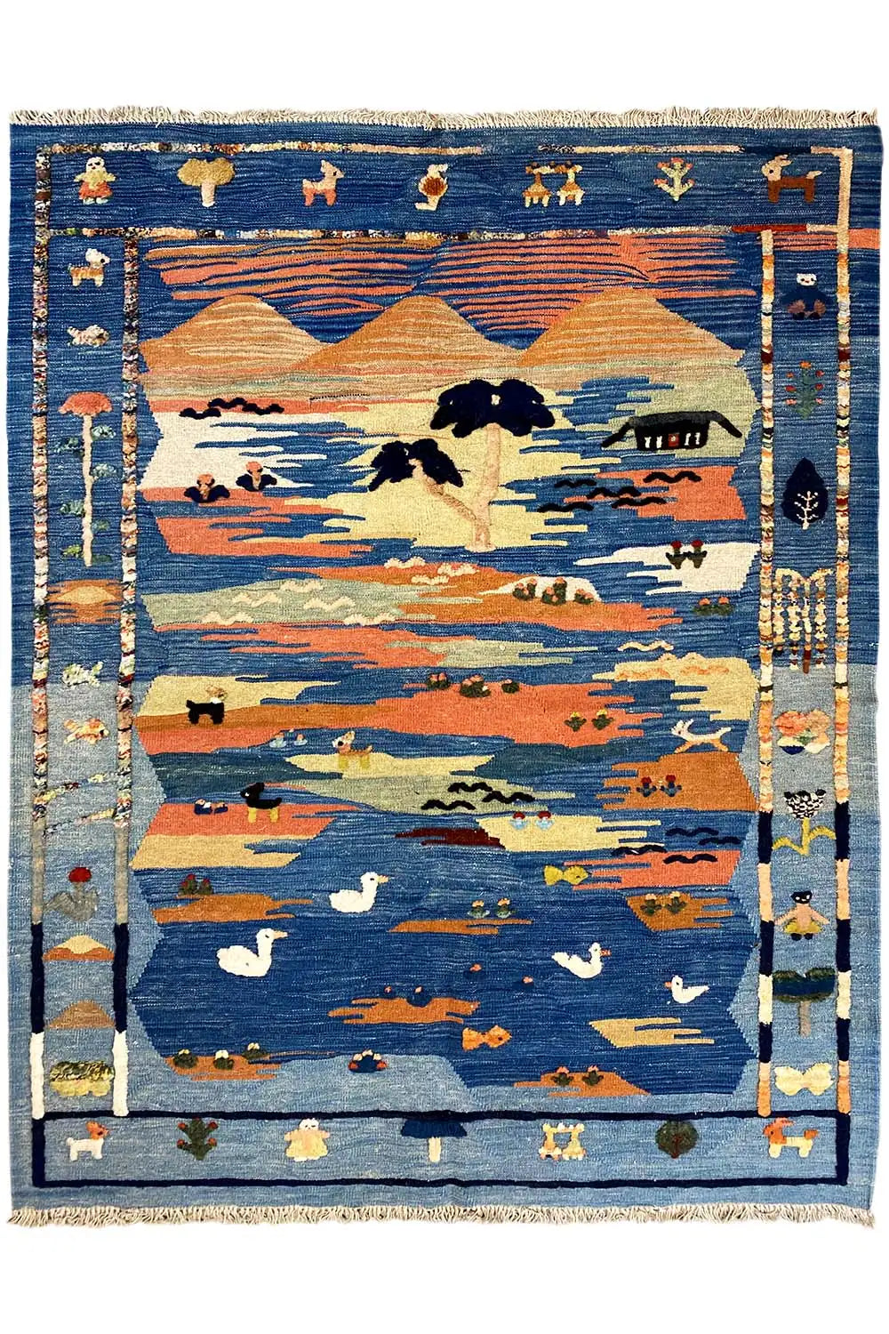 Kilim-Qashqai Orientteppich in Blau mit Landschaftsfeld, Tieren und Zierbordüre