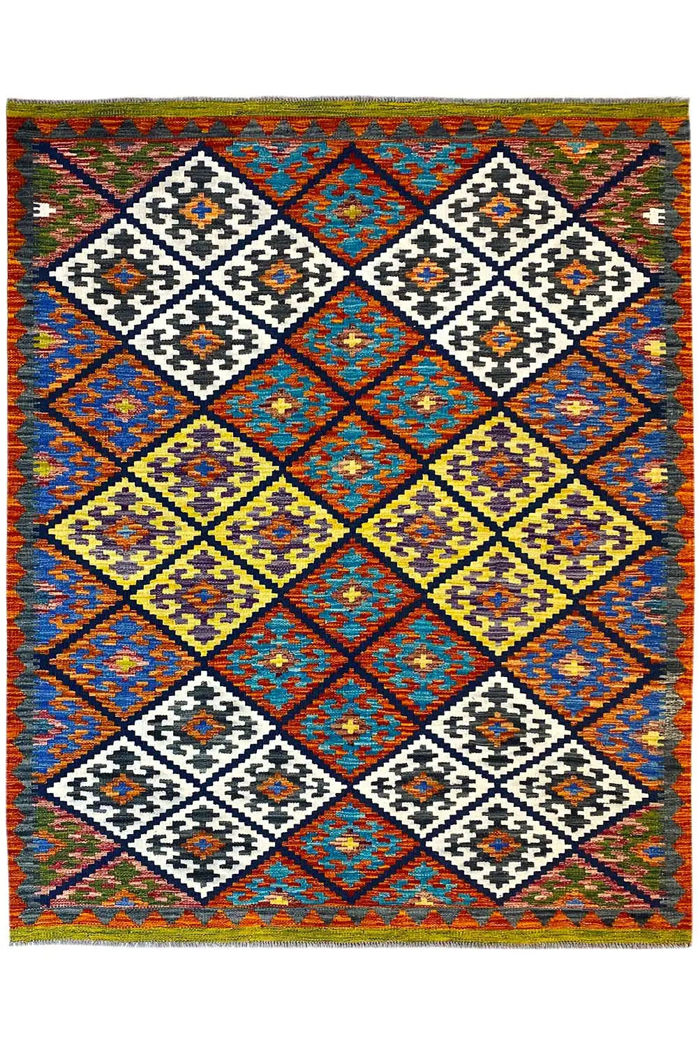 Kelim-Teppich 202x152 cm mit Rauten- und Zickzackmustern in Blau und Weiß.