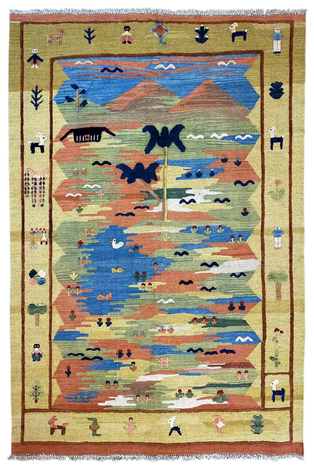 Kelim-Teppich, rechteckig, Landschaft mit vielen bunten Motiven im Innenfeld