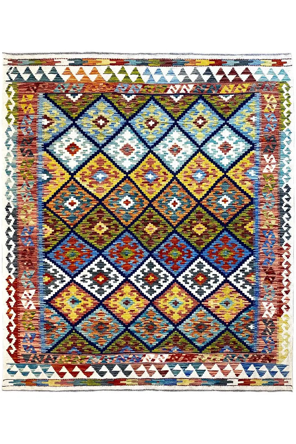 Kelim-Teppich (Afghan) mit zentralen Rauten und Bordüre, Ansicht von vorn