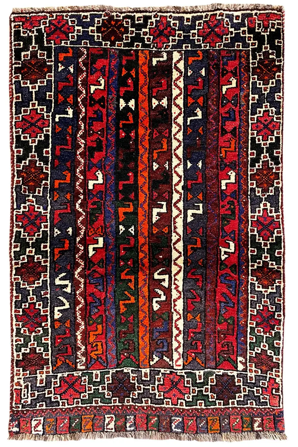 Orientteppich mit symmetrischem Streifenmuster und Ziermotiven, Dunkelrot, Blau, Schwarz