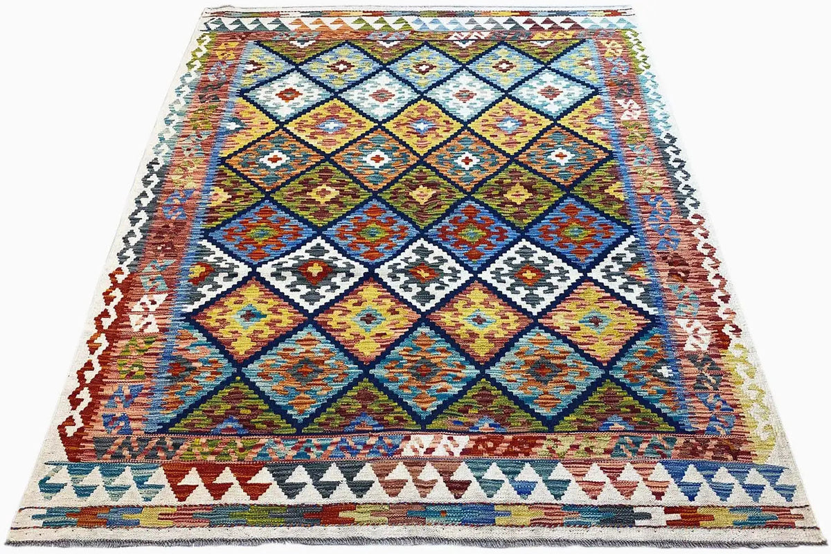 Kelim-Teppich (Afghan) mit geometrischen Rautenfeldern und Zickzack-Bordüre